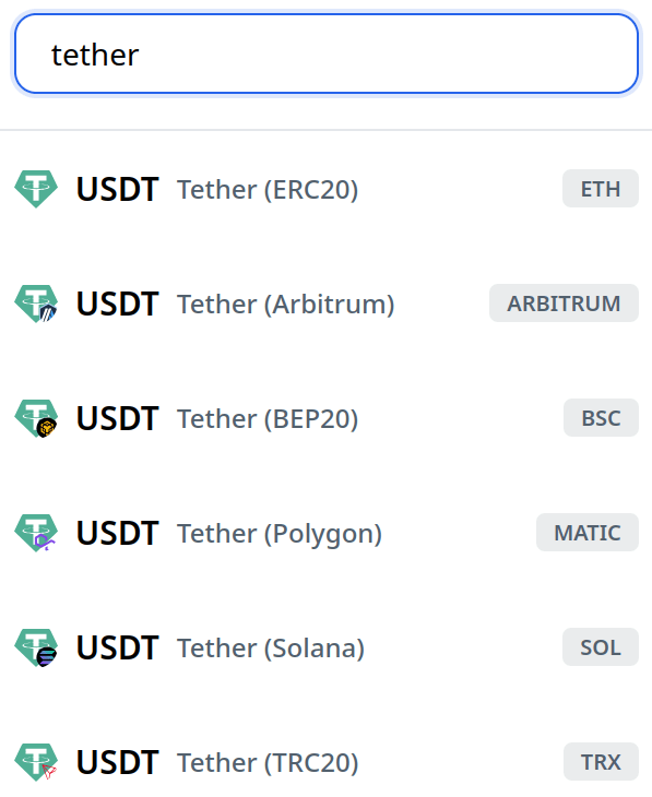 Selection of USDT networks